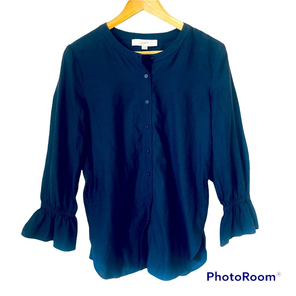 Loft Tunic Navy Blue Gathered Ruffle Sleeve Woman’s Oversized Size Small